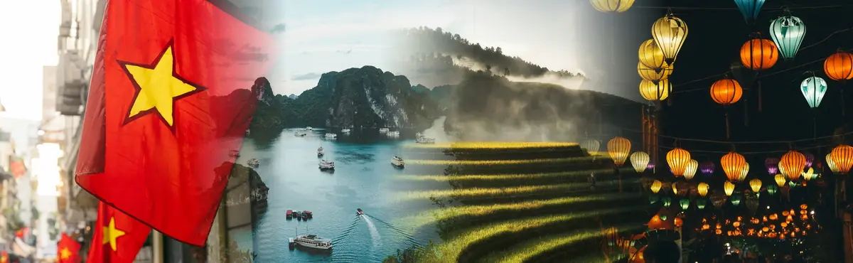 A Vietnamese flag in Hanoi blending into Ha Long Bay, the Mu Cang Chai rice terraces and lanterns in Hoi An